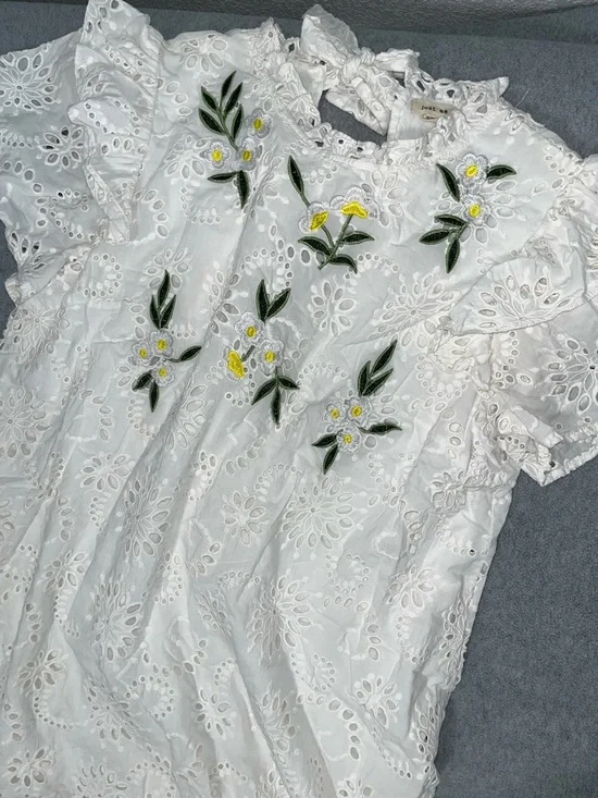 Cottagecore Fairy White Ruffle Mini Dress Large Embroidered Eyelet Kawaii - Picture 10 of 11